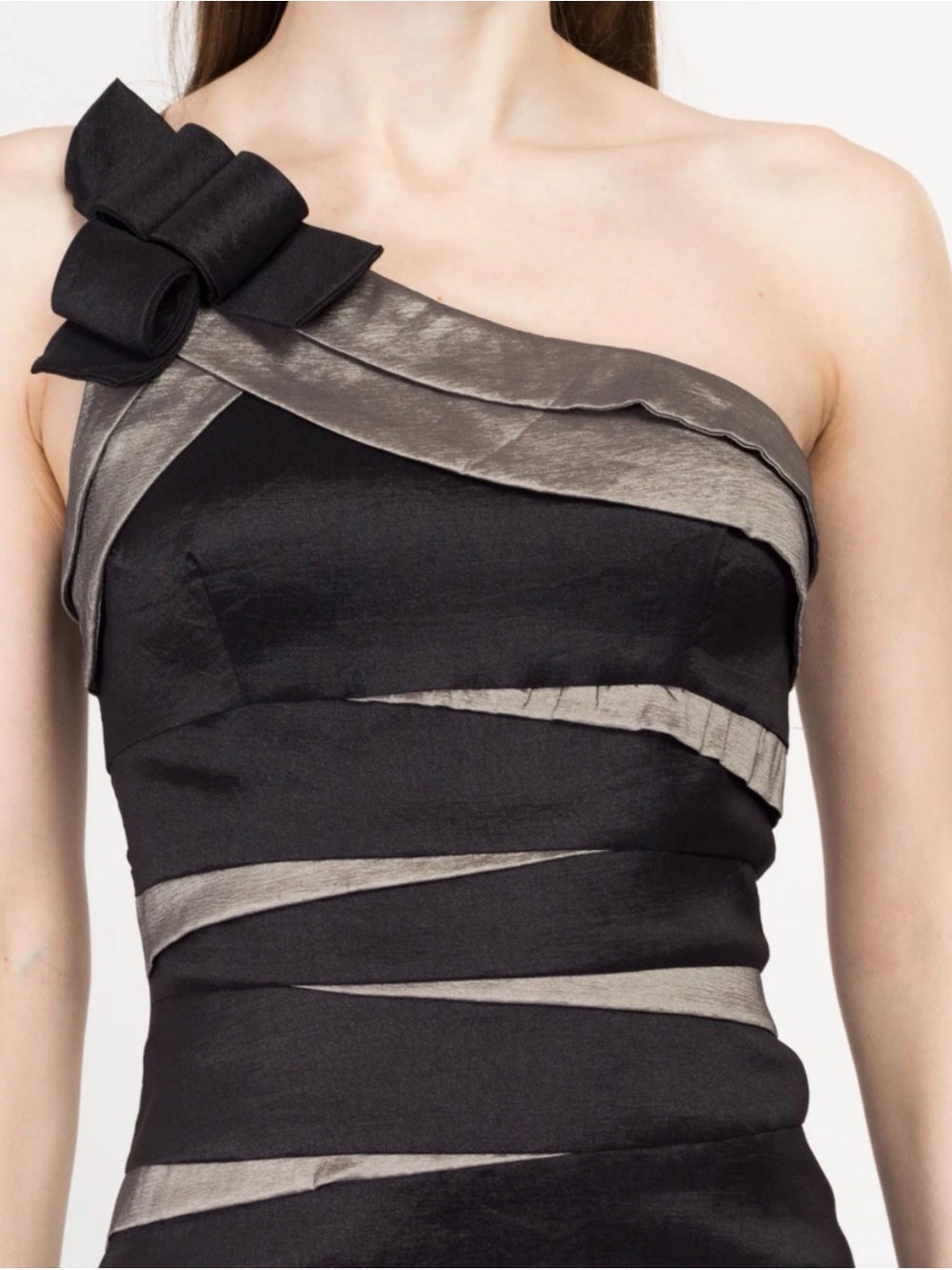 Betsy & Adam Black One-Shoulder Satin-Trim Mermaid Gown - Picture 2 of 9